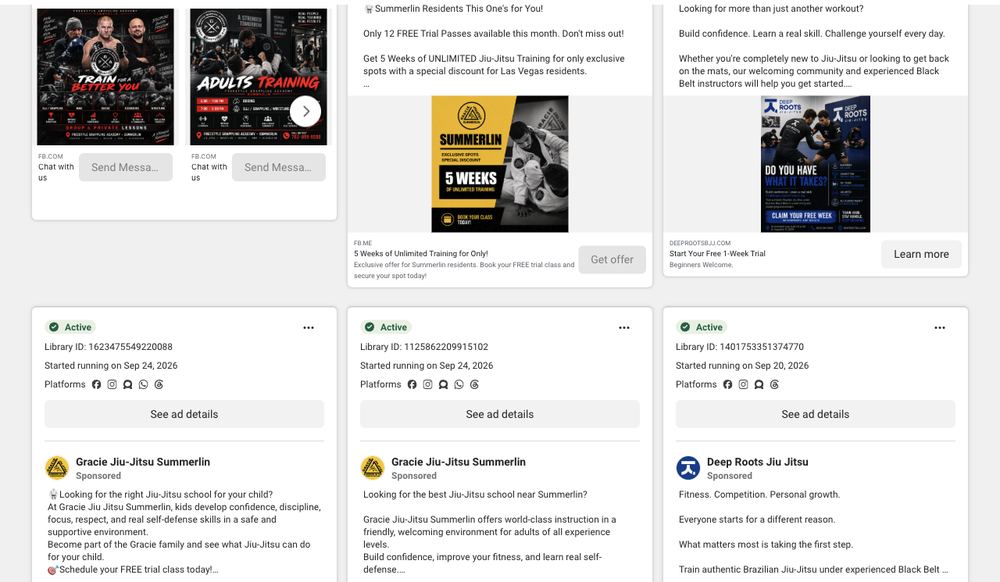 Meta Ad Library: active ads from Gracie Jiu-Jitsu Summerlin and Deep Roots for jiu jitsu summerlin