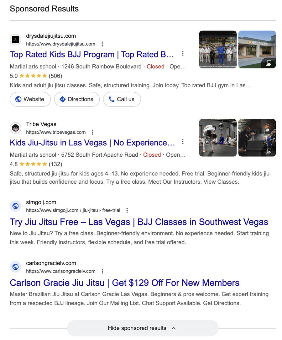 Google results for jiu jitsu summerlin with four sponsored competitors