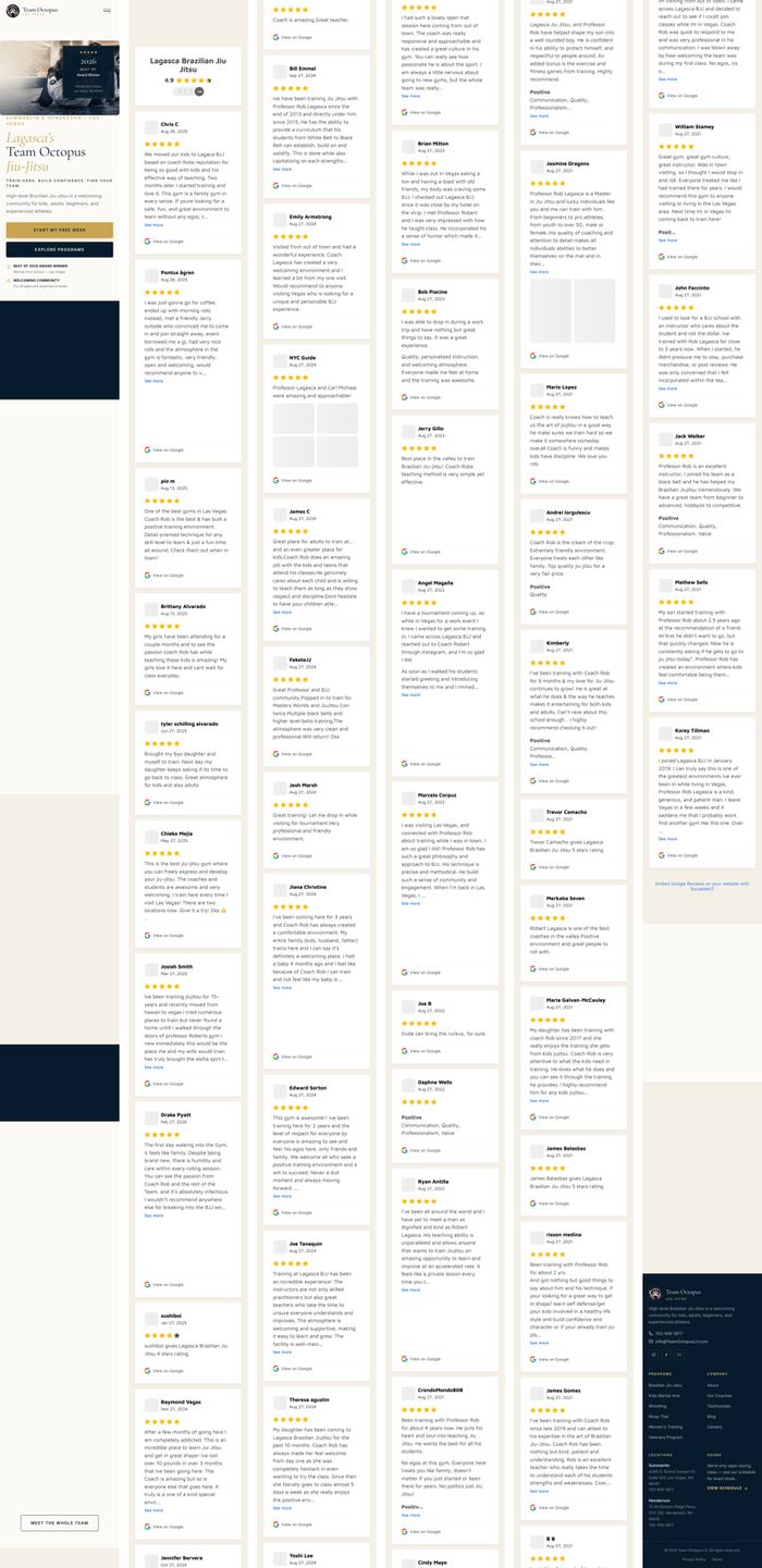 Full homepage on mobile, mostly a long column of reviews